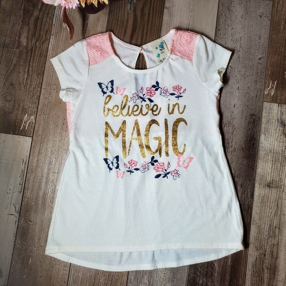 Lily Bleu Little Girls Believe in the Magic Shimmery Gold Metallic Lace Top